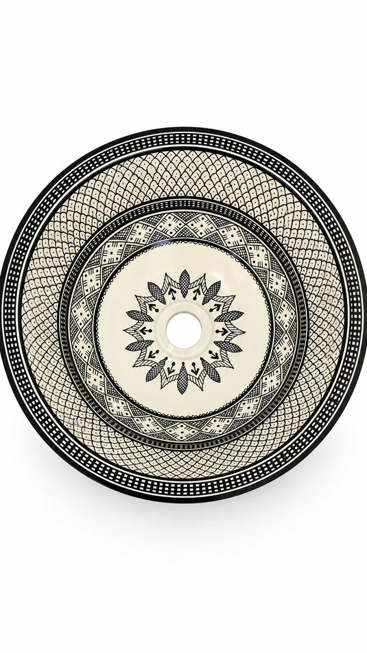 Black & Ivory Moroccan Ceramic Vessel Sink – Hand-Painted Geometric Design