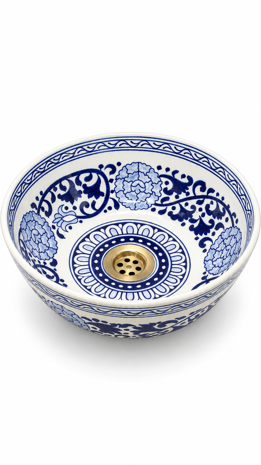 Hand-Painted Moroccan Blue & White Floral Ceramic Vessel Sink – Traditional Artisan Bathroom Basin