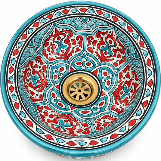 Handmade Moroccan Ceramic Vessel Sink β Turquoise Blue & Red Floral Pattern Bathroom Basin
