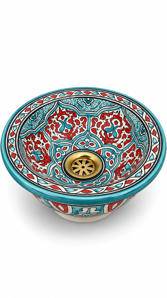 Handmade Moroccan Ceramic Vessel Sink β Turquoise Blue & Red Floral Pattern Bathroom Basin