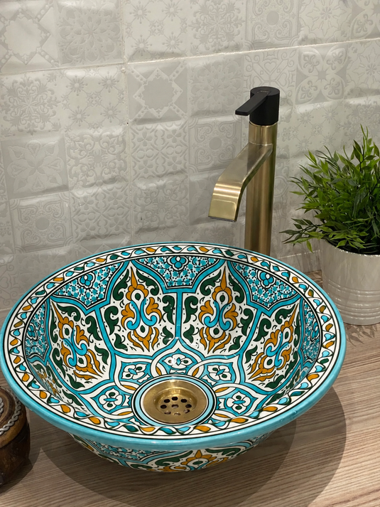 Hand-Painted Turquoise Ceramic Vessel Sink