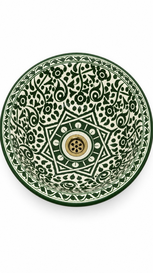 Handmade Forest Green Floral Ceramic Vessel Sink – Hand-Painted Bathroom Countertop Basin