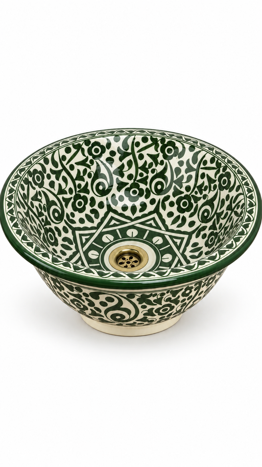 Handmade Forest Green Floral Ceramic Vessel Sink – Hand-Painted Bathroom Countertop Basin
