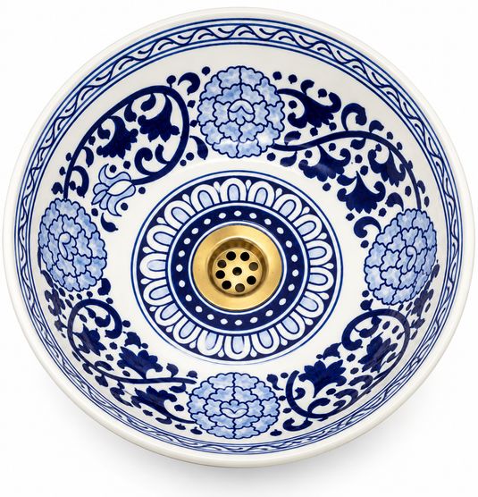 Hand-Painted Moroccan Blue & White Floral Ceramic Vessel Sink – Traditional Artisan Bathroom Basin