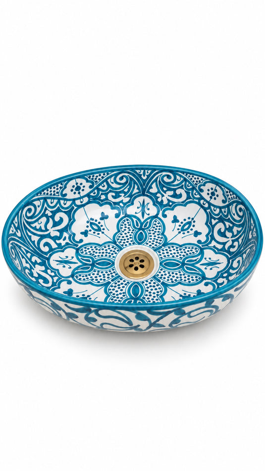 Turquoise and White Floral Moroccan Ceramic Sink #007