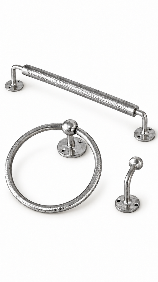 Handmade Moroccan Brass Bathroom Hardware Set, Hammered Towel Bar, Towel Ring & Wall Hooks