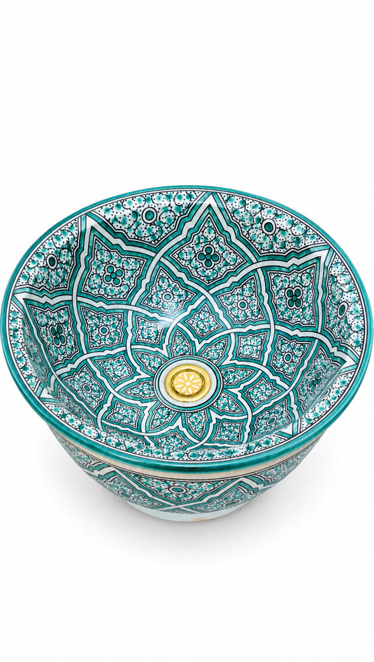 Hand-Painted Turquoise Moroccan Ceramic Vessel Sink – Geometric Floral Mosaic Design with Gold Drain