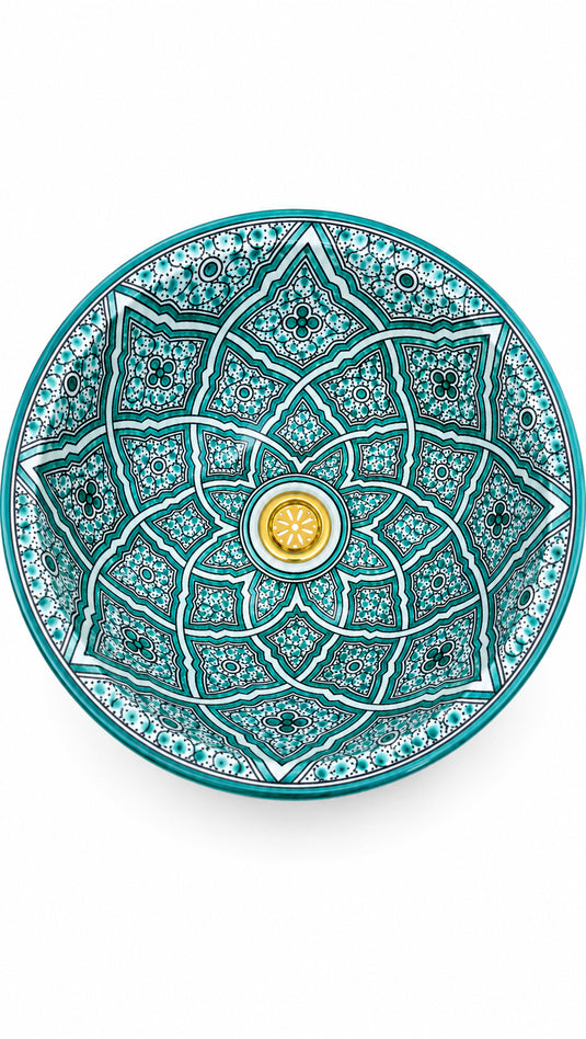 Hand-Painted Turquoise Moroccan Ceramic Vessel Sink – Geometric Floral Mosaic Design with Gold Drain