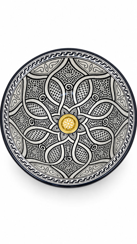 Black & White Moroccan Sink – Hand-Painted Geometric Ceramic Washbasin