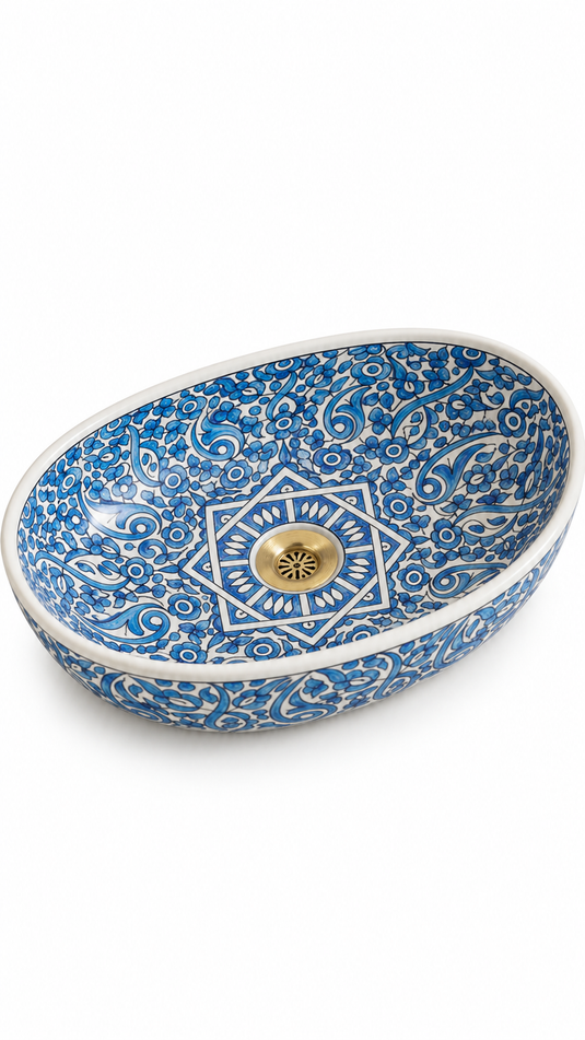 Blue and White Floral Moroccan Ceramic Sink #028