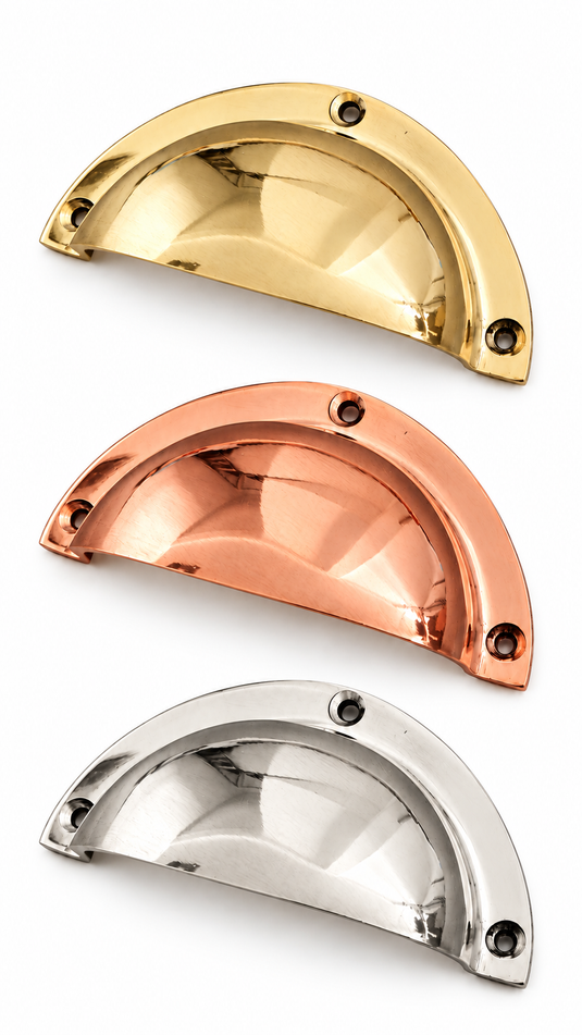 Half Moon Brass Cup Pull – Drawer & Cabinet Handle in Gold, Red Brass or Silver, Kitchen & Furniture Hardware