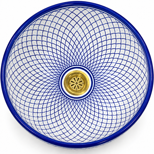 Hand-Painted Moroccan Ceramic Vessel Sink – Royal Blue Fish Scale Pattern with Brass Drain