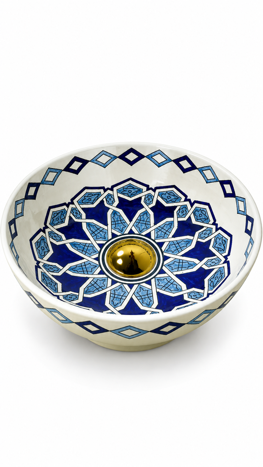 Handmade Moroccan Ceramic Vessel Sink – Blue Geometric Star Pattern with Brass Drain