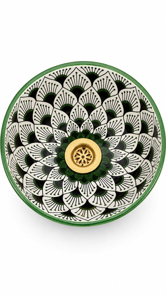 Emerald Lotus Moroccan Ceramic Sink – Hand-Painted Green Floral Vessel Basin