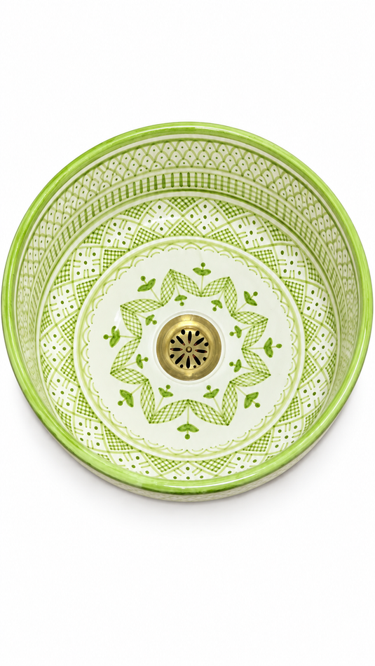 Handmade Light Green Ceramic Vessel Sink – Hand-Painted Geometric Bathroom Countertop Basin