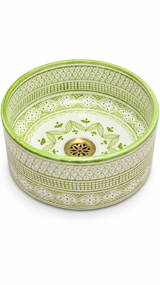 Handmade Light Green Ceramic Vessel Sink – Hand-Painted Geometric Bathroom Countertop Basin