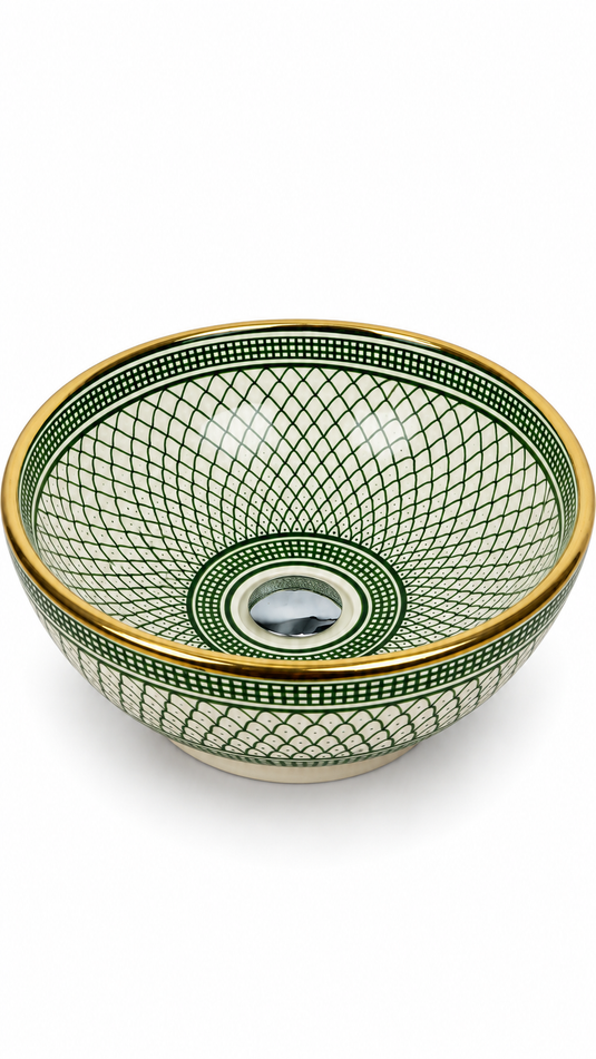 Handmade Moroccan Ceramic Vessel Sink – Green Fish Scale Pattern with Gold Rim