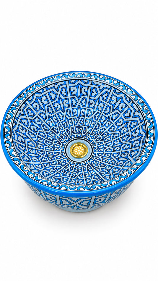 Hand-Painted Blue Moroccan Ceramic Vessel Sink – Geometric Mosaic Pattern