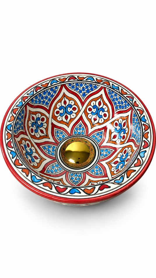 Handmade Moroccan Ceramic Vessel Sink – Colorful Red & Blue Floral Pattern with Brass Drain