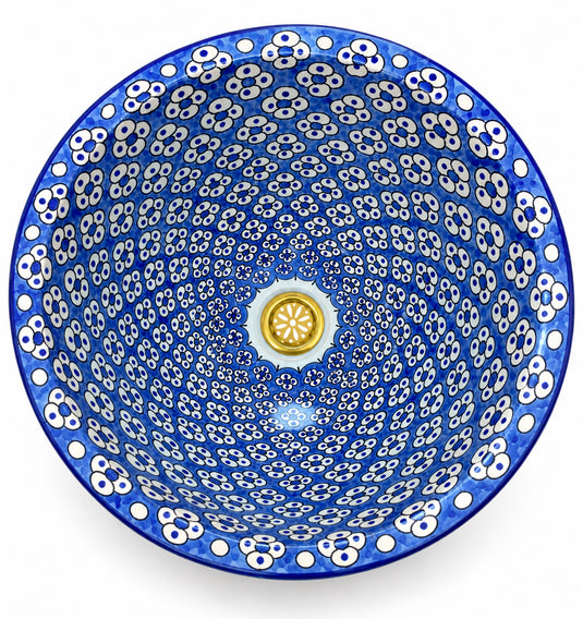 Hand-Painted Moroccan Ceramic Vessel Sink – Cobalt Blue & White Floral Pattern with Brass Drain