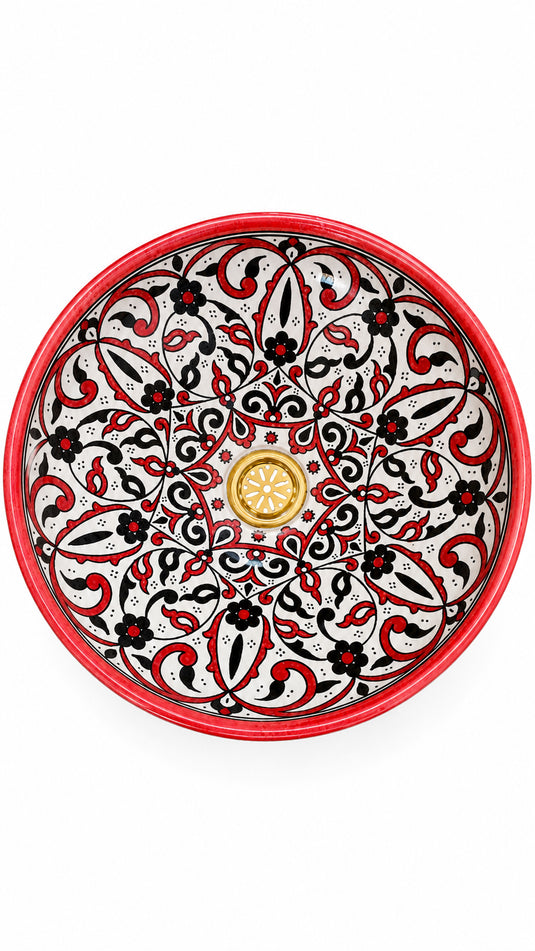 Hand-Painted Moroccan Ceramic Vessel Sink – Red & Black Floral Arabesque Design