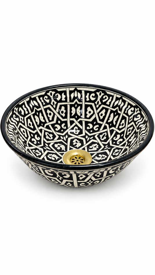 Handmade Black and Ivory Ceramic Vessel Sink – Hand-Painted Geometric Bathroom Countertop Basin