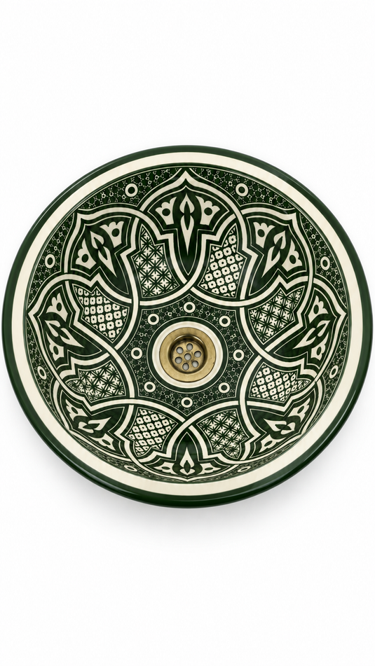Handmade Forest Green and Ivory Ceramic Vessel Sink – Hand-Painted Geometric Bathroom Countertop Basin