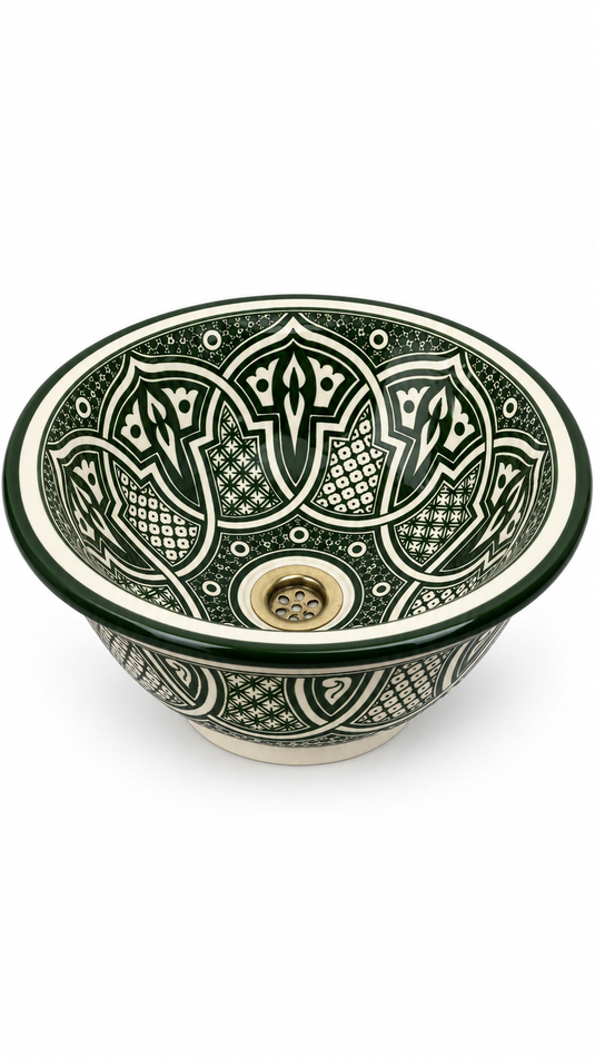 Handmade Forest Green and Ivory Ceramic Vessel Sink – Hand-Painted Geometric Bathroom Countertop Basin