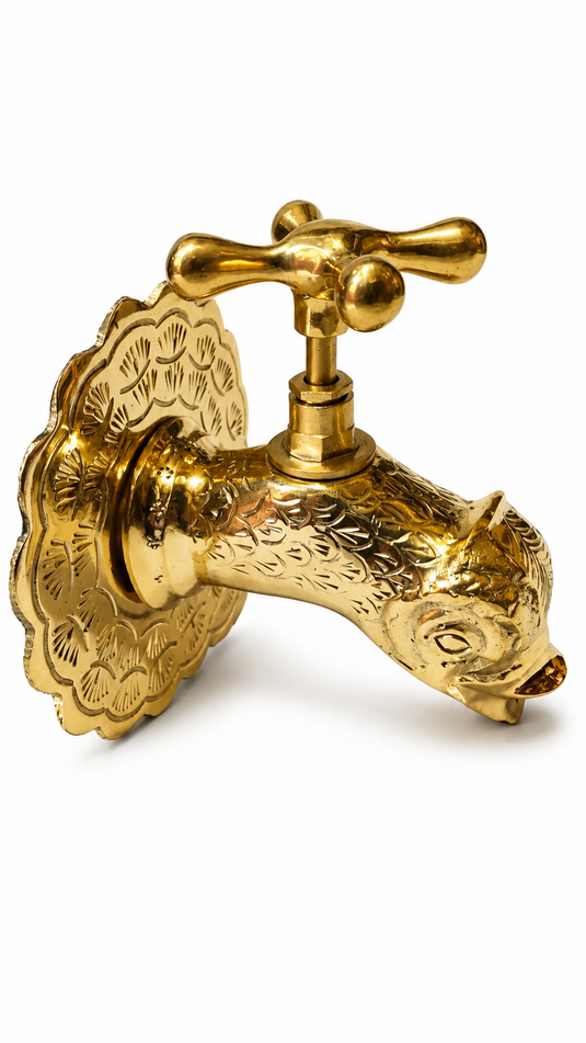 Moroccan Brass Fish-Shaped Wall Faucet, Decorative Garden Tap with Engraved Backplate
