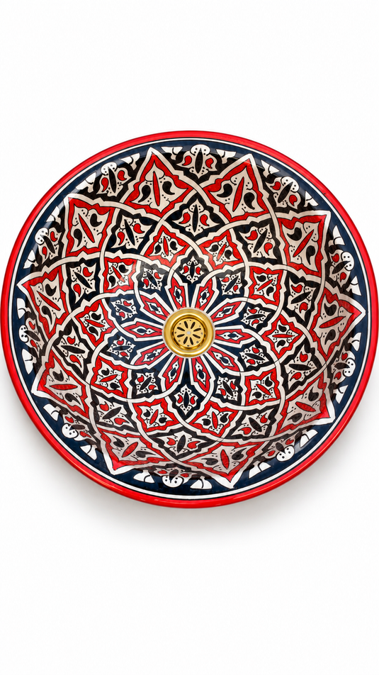 Handmade Red and Black Ceramic Vessel Sink – Hand-Painted Geometric Bathroom Countertop Basin