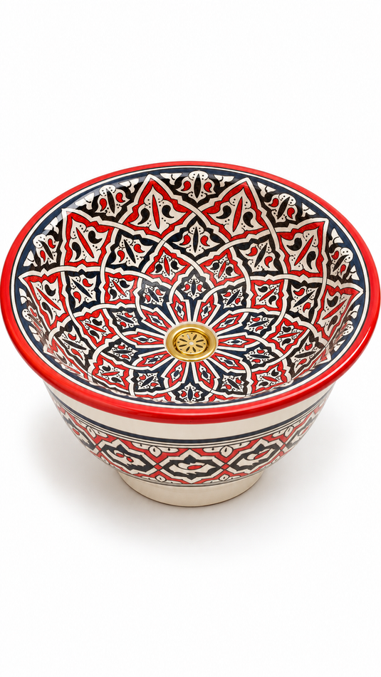 Handmade Red and Black Ceramic Vessel Sink – Hand-Painted Geometric Bathroom Countertop Basin