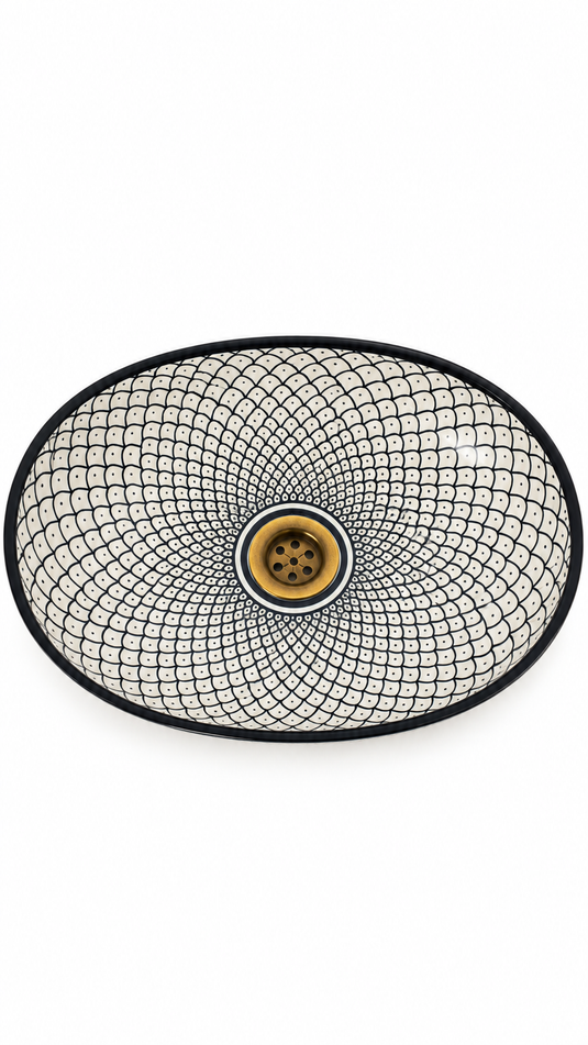 Black and White Fish scale Pattern Moroccan Ceramic Sink #016