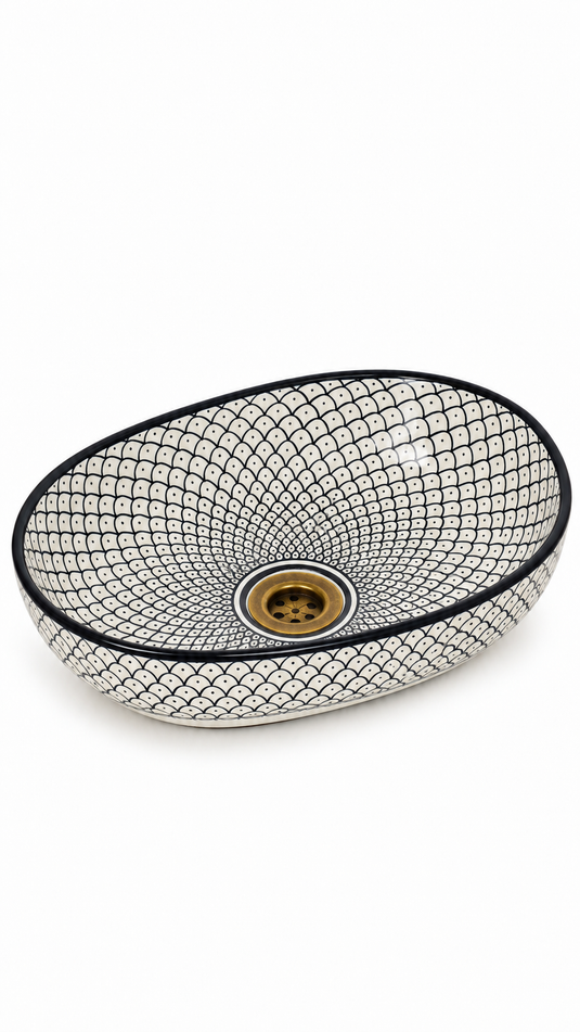Black and White Fish scale Pattern Moroccan Ceramic Sink #016
