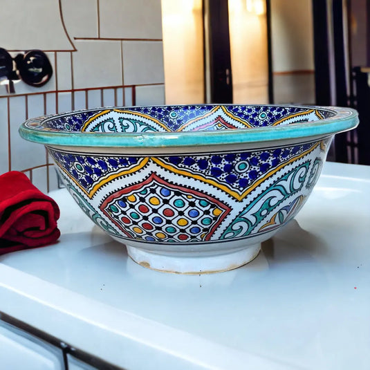 Round Washbasin Hand Painted Bathroom & Kitchen Sink - Moroccan Sink