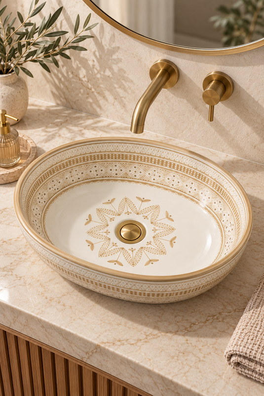 Sand Beige &amp; Cream Ornate Moroccan Ceramic Sink #027