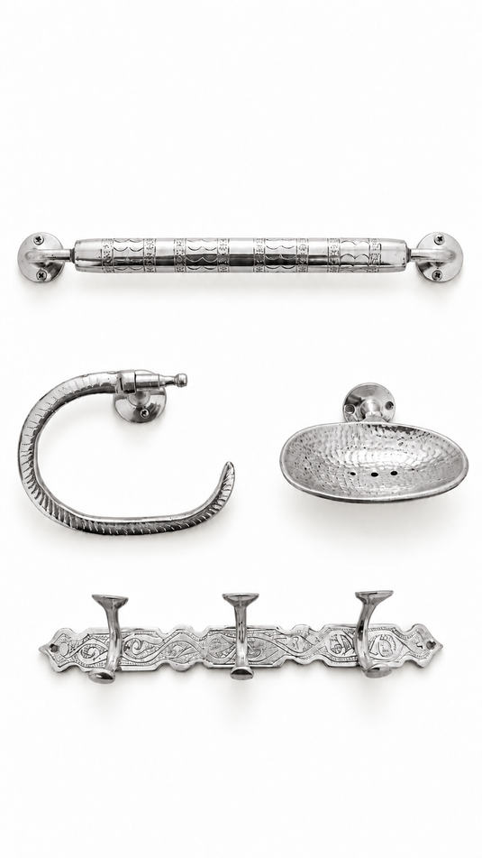 Moroccan Silver-Tone Bathroom Accessories – Handmade Brass 4-Piece Set or Individual Pieces