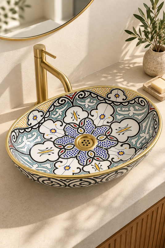 Gold-Toned Rim Floral Moroccan Ceramic Sink #023