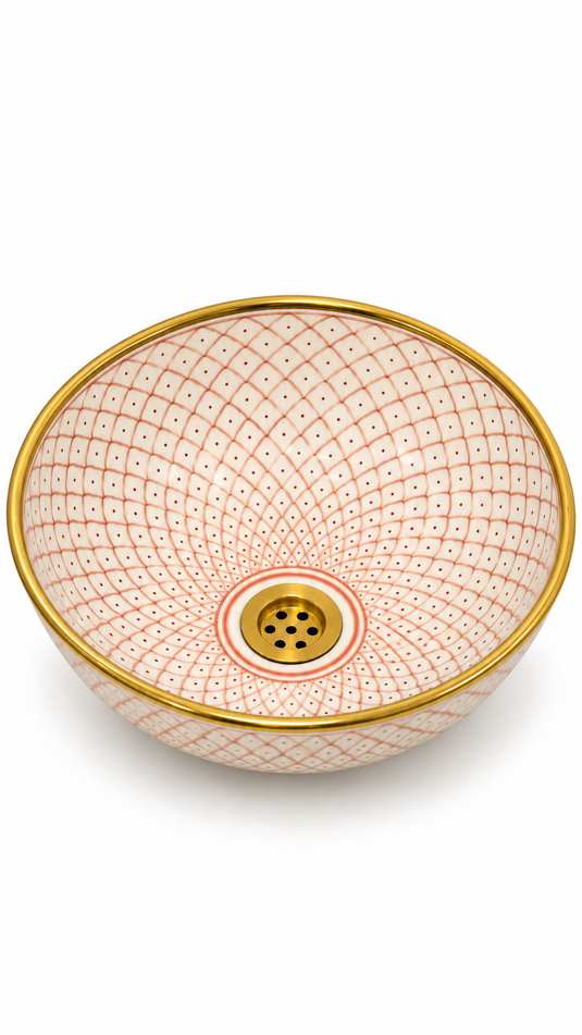 Moroccan Pink Fish Scale Ceramic Sink with Gold Rim