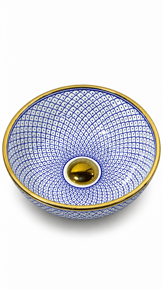 Blue Moroccan Fish Scale Ceramic Sink with Gold Rim