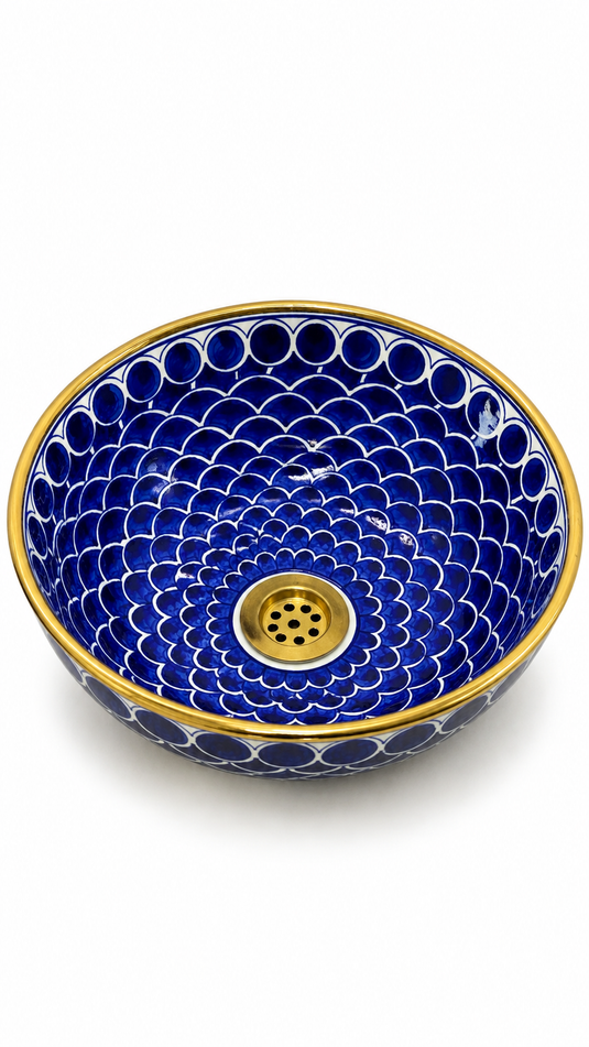 Hand-Painted Blue Fish Scale Moroccan Sink with Gold Rim