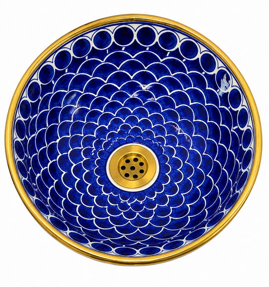 Hand-Painted Blue Fish Scale Moroccan Sink with Gold Rim