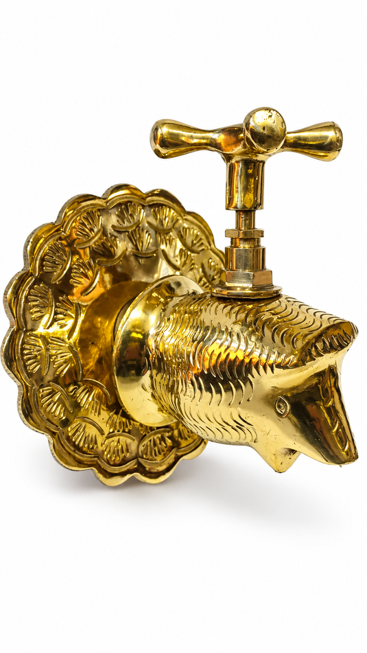 Moroccan Brass Animal-Head Wall Faucet, Ornate Garden Tap with Engraved Backplate