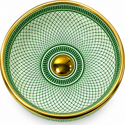 Handmade Moroccan Ceramic Vessel Sink – Emerald Green Fish Scale Pattern with Gold Rim