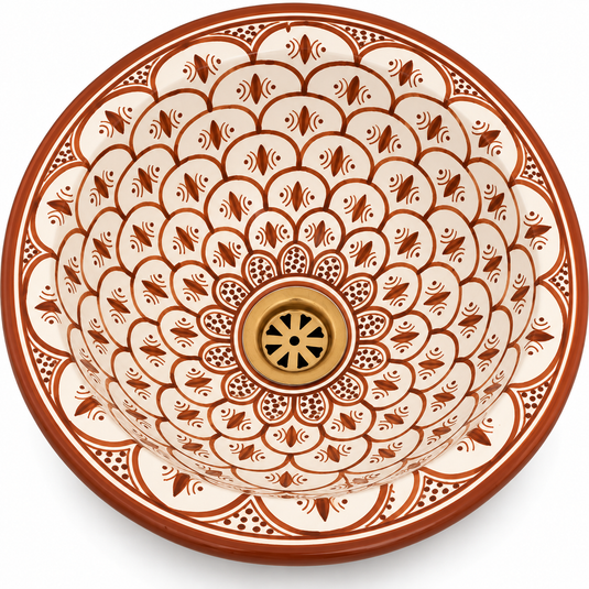Handmade Moroccan Ceramic Vessel Sink – Terracotta Brown & White Floral Pattern Bathroom Basin