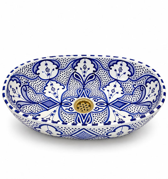Blue and White Oval Moroccan Ceramic Countertop Sink #001