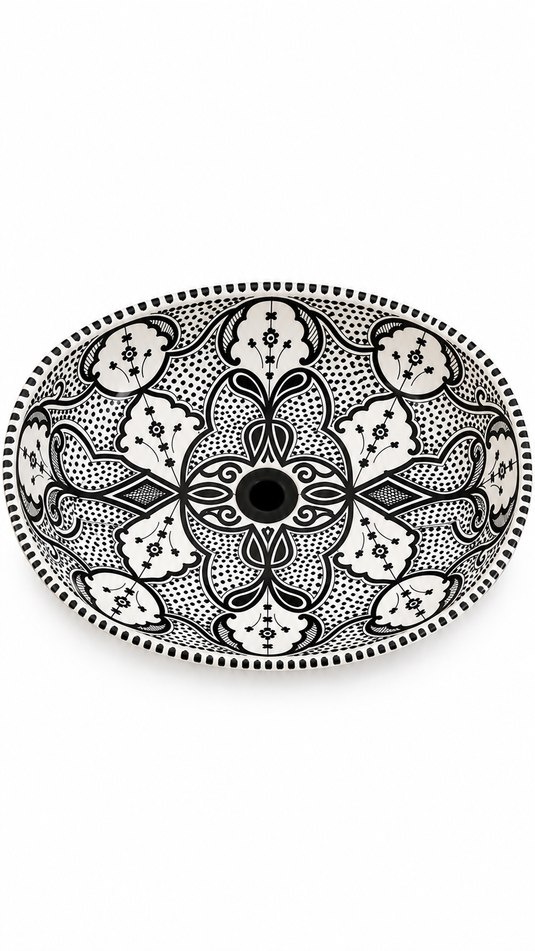 Ornate Black and White Oval Moroccan Ceramic Sink #010
