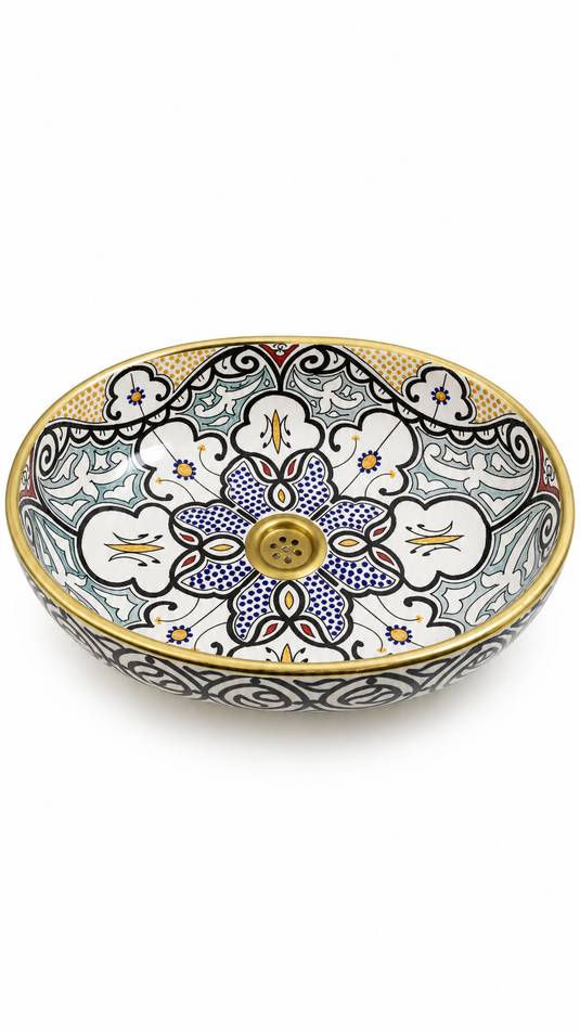 Gold-Toned Rim Floral Moroccan Ceramic Sink #023
