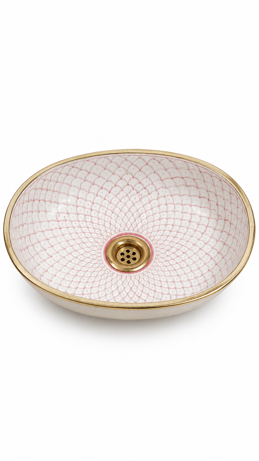 Blush Pink Scallop Ceramic Sink with Gold-Toned Rim #026