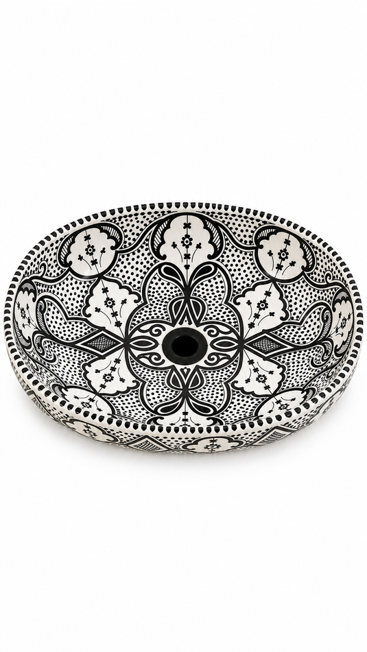Ornate Black and White Oval Moroccan Ceramic Sink #010