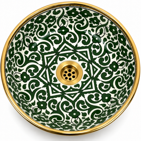 Handmade Moroccan Ceramic Vessel Sink – Dark Green Floral Pattern with Gold Brass Rim | Luxury Bathroom Basin